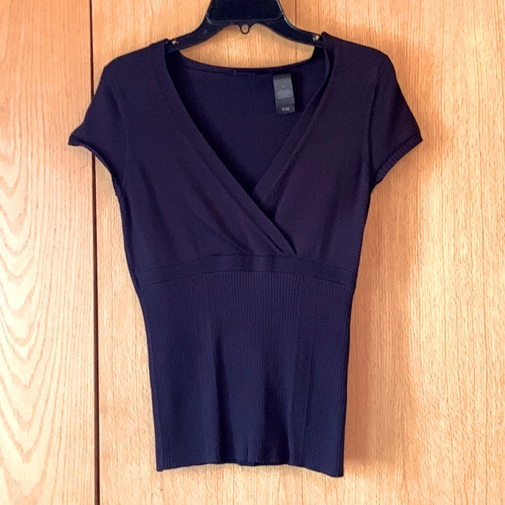 Access crossover v neck fitted slim ribbed thin knit black rayon nylon sweater
